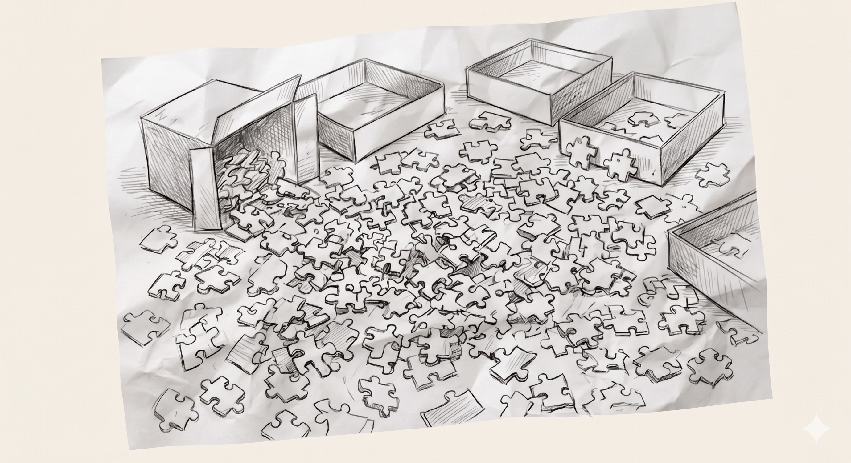 Multiple puzzle boxes emptied onto a surface, pieces scattered with no picture forming