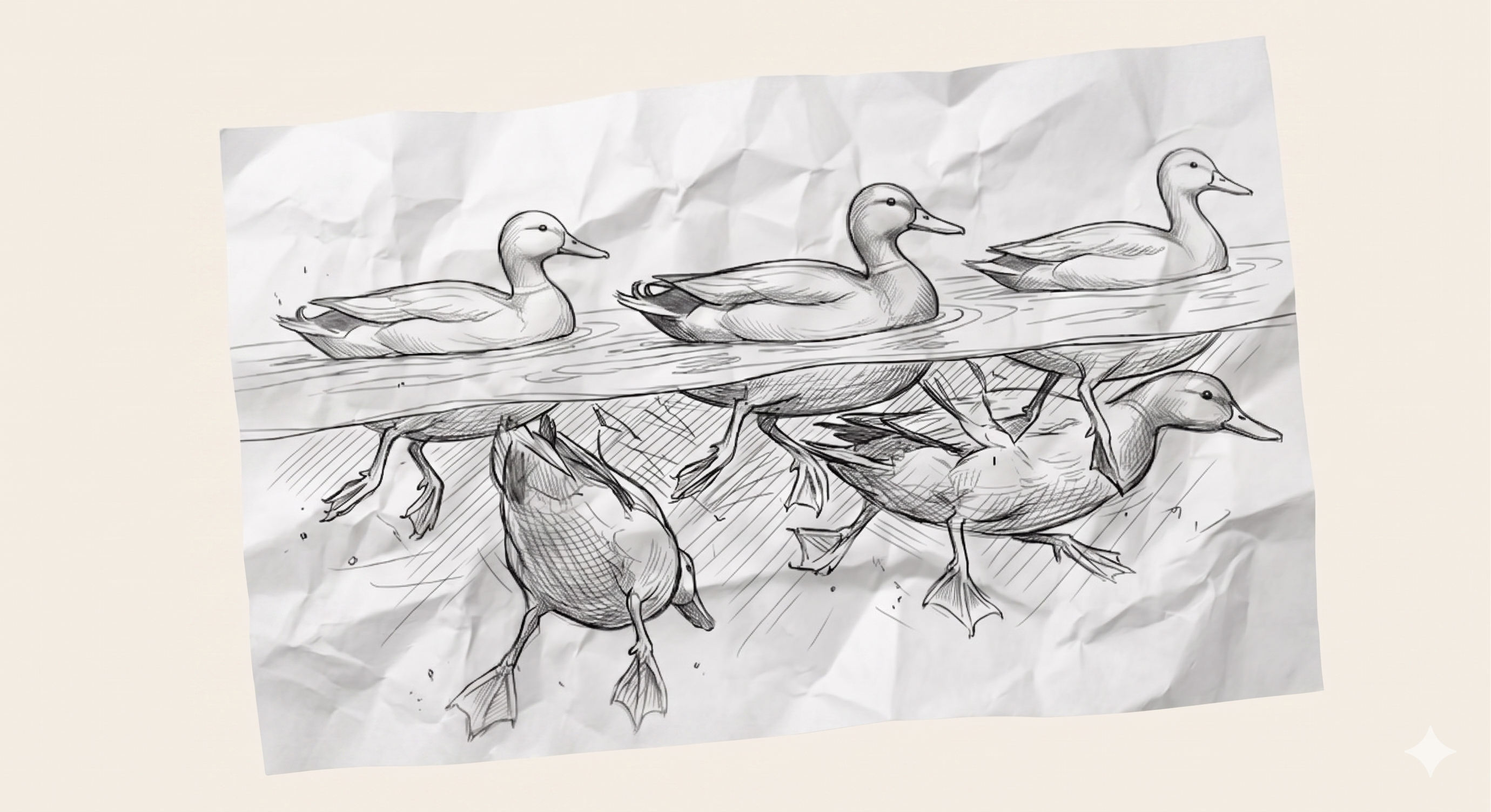 Ducks gliding gracefully above water, chaotic and disoriented below the surface