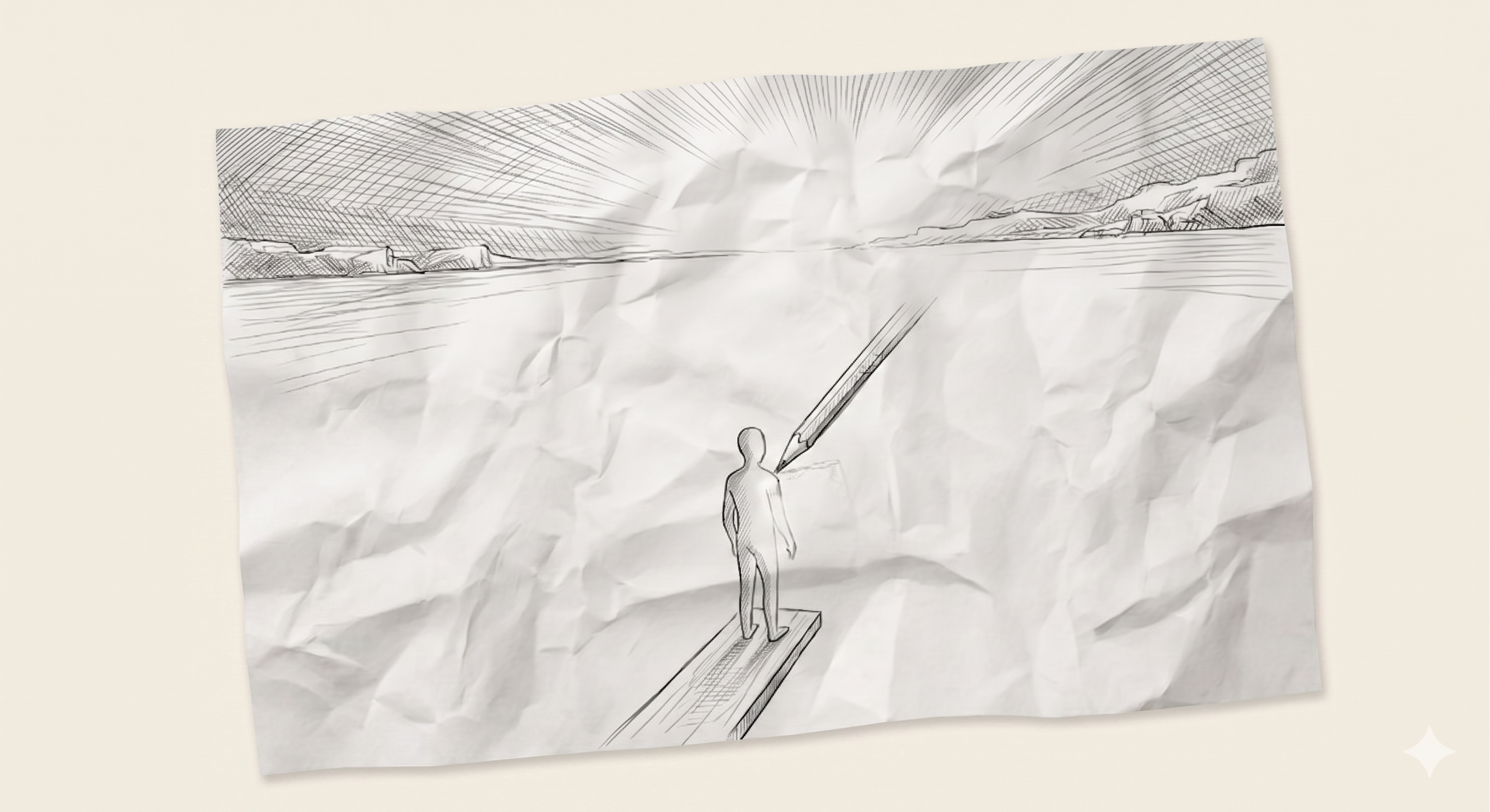 A figure standing on a single plank, facing a luminous horizon, the path ahead undrawn, the pencil still moving